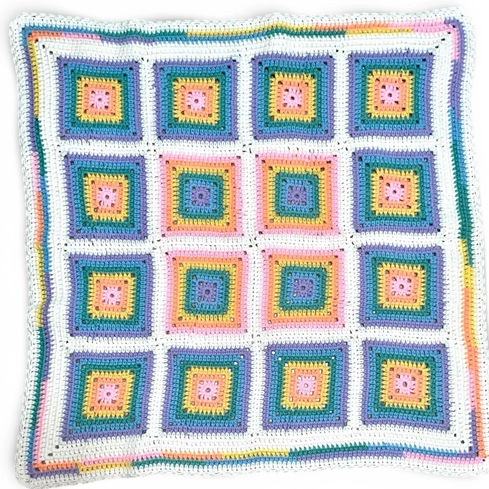 Vintage 70s  Square Granny Afghan Crochet Baby, Chair Blanket  35.5 Inches